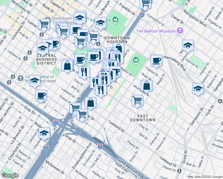 map of restaurants, bars, coffee shops, grocery stores, and more near 2106 Dallas Street in Houston