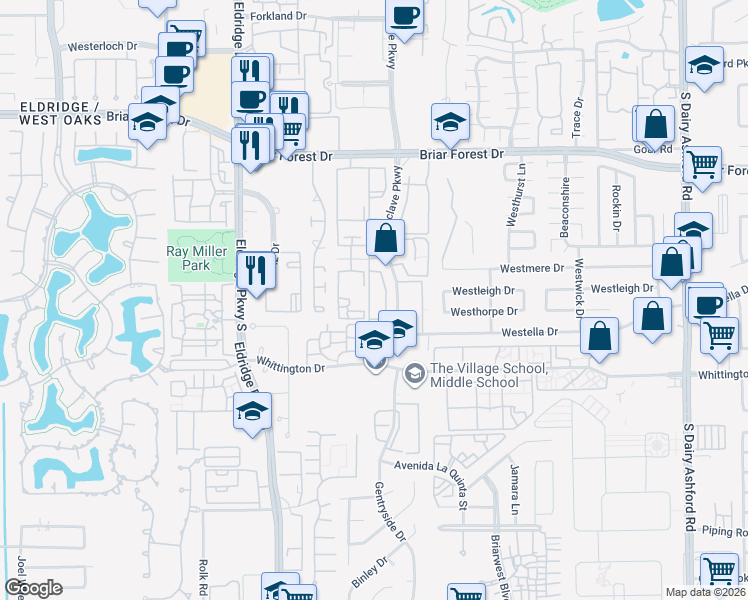 map of restaurants, bars, coffee shops, grocery stores, and more near 1602 Enclave Parkway in Houston