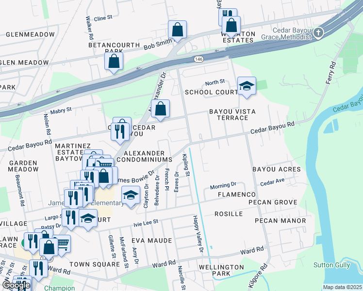 map of restaurants, bars, coffee shops, grocery stores, and more near 2110 James Bowie Drive in Baytown