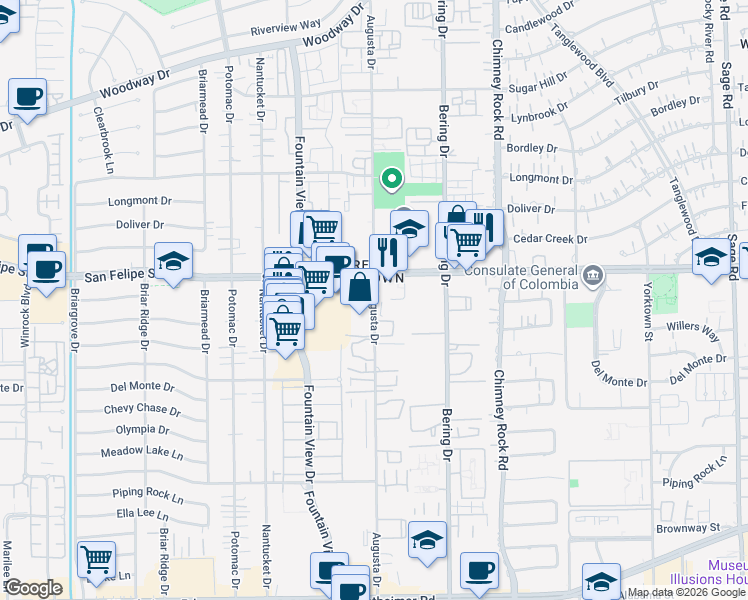 map of restaurants, bars, coffee shops, grocery stores, and more near Augusta Drive in Houston
