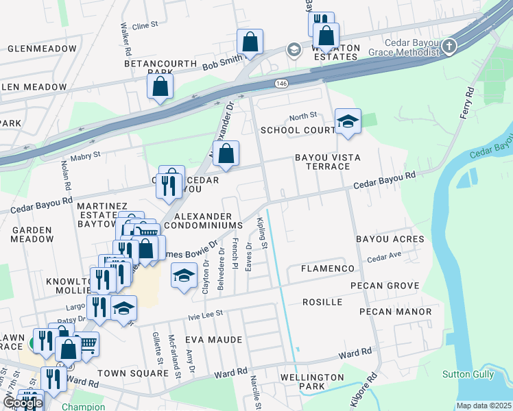 map of restaurants, bars, coffee shops, grocery stores, and more near 2110 James Bowie Drive in Baytown