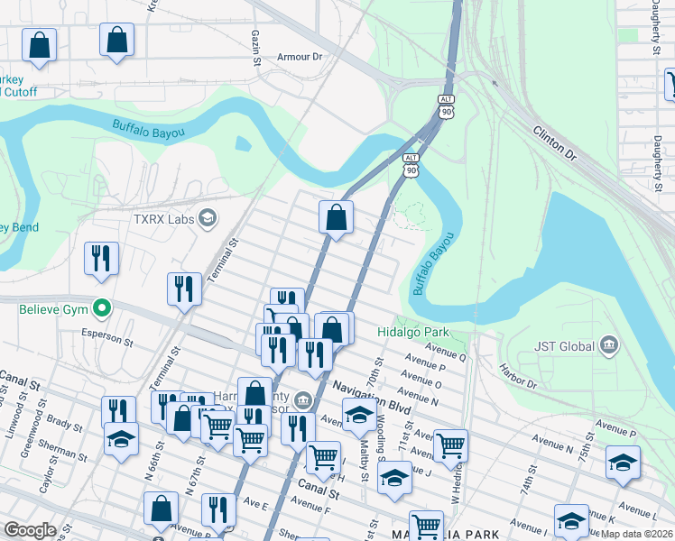 map of restaurants, bars, coffee shops, grocery stores, and more near 1910 U.S. 90 Alternate in Houston