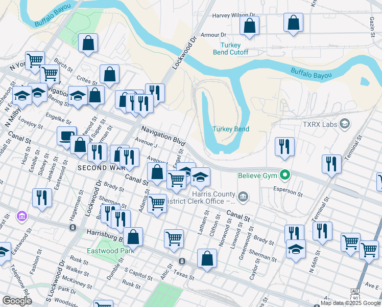 map of restaurants, bars, coffee shops, grocery stores, and more near 5401 Navigation Boulevard in Houston