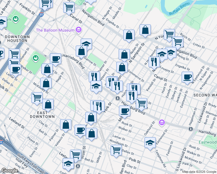 map of restaurants, bars, coffee shops, grocery stores, and more near 3301 Preston Street in Houston