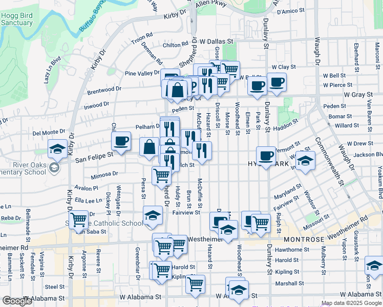 map of restaurants, bars, coffee shops, grocery stores, and more near 1810 Brun Street in Houston
