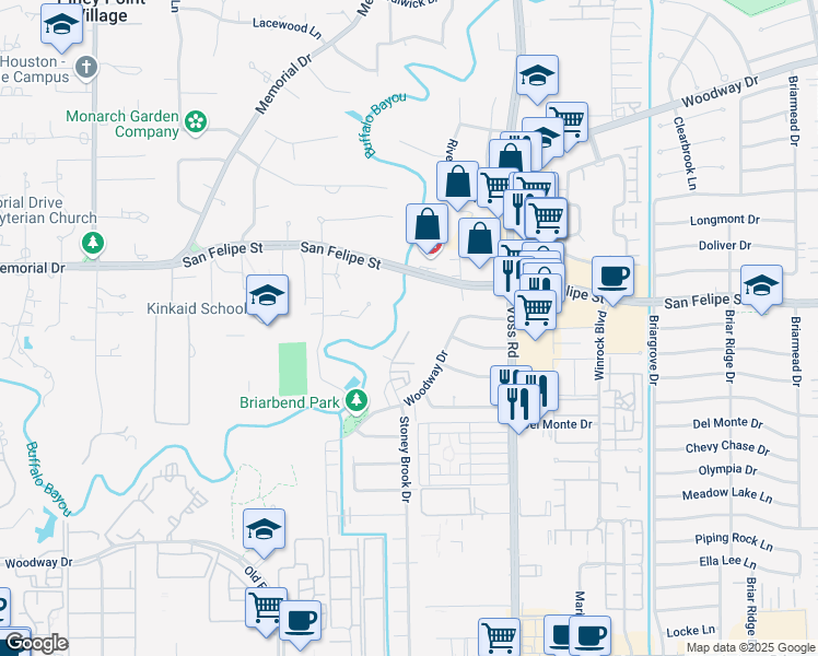 map of restaurants, bars, coffee shops, grocery stores, and more near 1800 Stoney Brook Drive in Houston