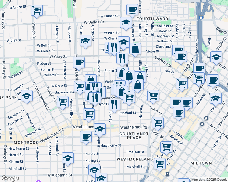 map of restaurants, bars, coffee shops, grocery stores, and more near 323 West Drew Street in Houston