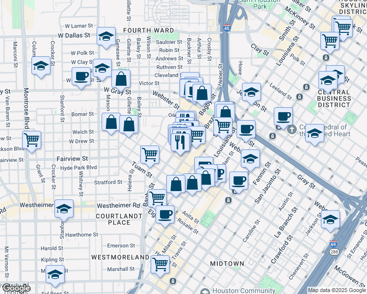 map of restaurants, bars, coffee shops, grocery stores, and more near 6 Bremond Street in Houston
