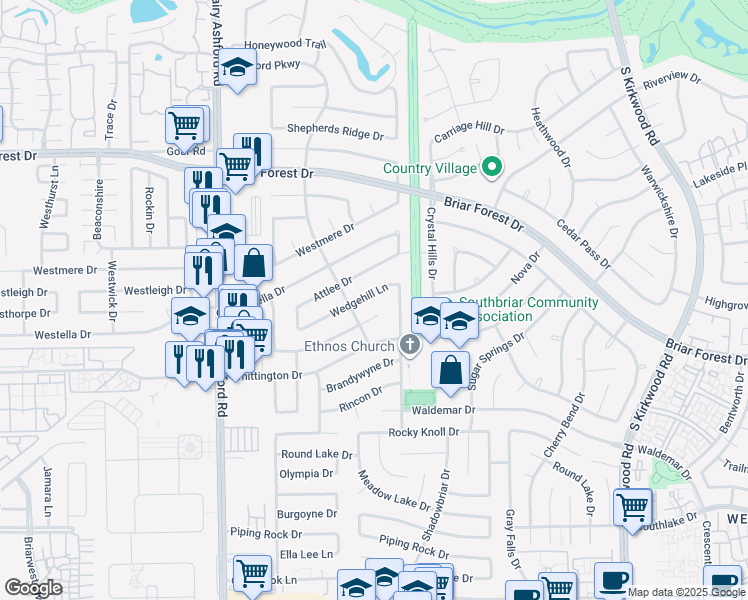 map of restaurants, bars, coffee shops, grocery stores, and more near 12326 Wedgehill Lane in Houston