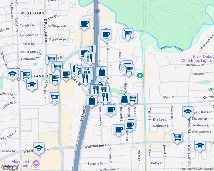 map of restaurants, bars, coffee shops, grocery stores, and more near 1900 Post Oak Park Drive in Houston