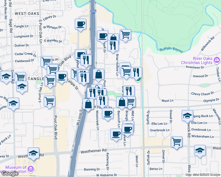 map of restaurants, bars, coffee shops, grocery stores, and more near 1901 Post Oak Park Drive in Houston