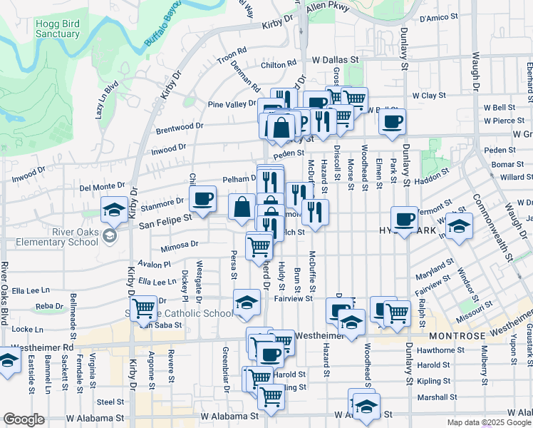 map of restaurants, bars, coffee shops, grocery stores, and more near San Felipe St & S Shepherd Dr in Houston