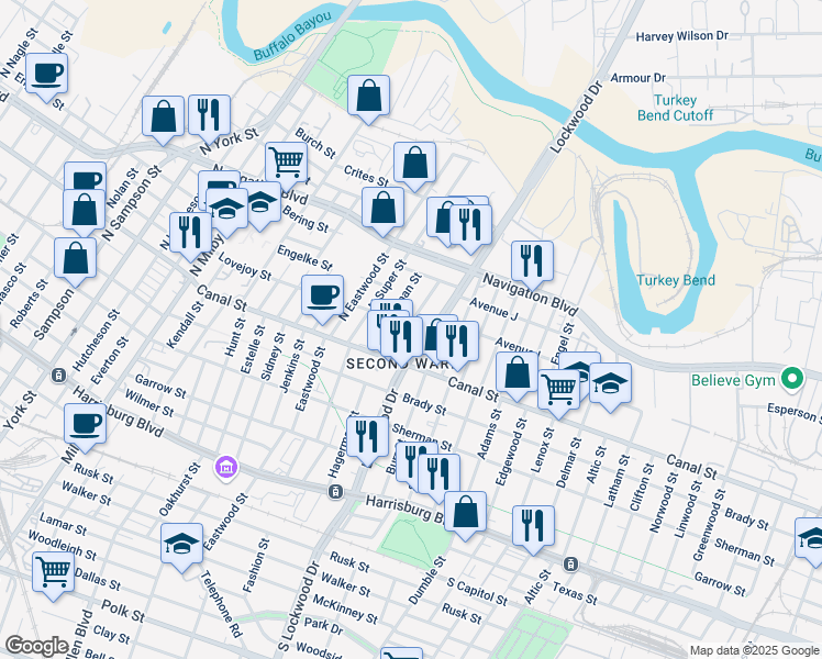 map of restaurants, bars, coffee shops, grocery stores, and more near 4613 Schroeder Street in Houston
