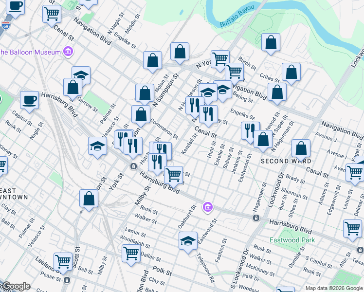 map of restaurants, bars, coffee shops, grocery stores, and more near 3808 Commerce Street in Houston