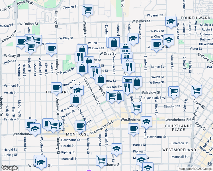 map of restaurants, bars, coffee shops, grocery stores, and more near 1225 West Drew Street in Houston