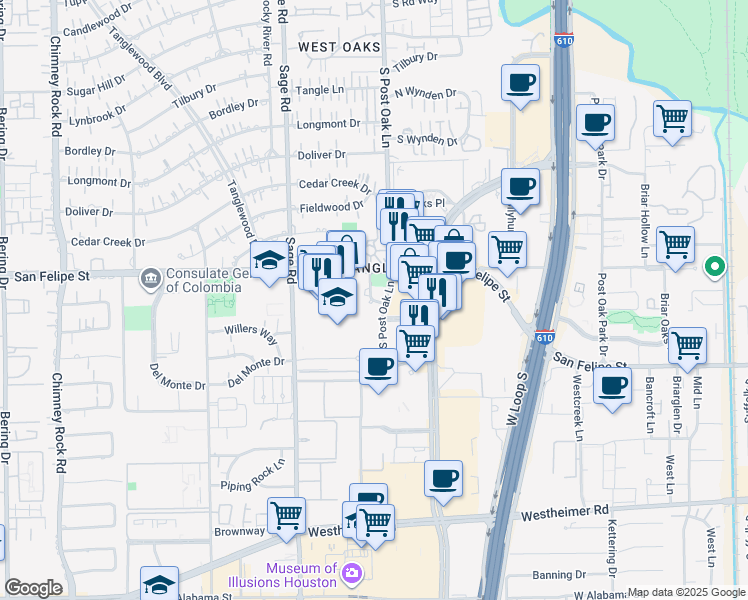 map of restaurants, bars, coffee shops, grocery stores, and more near 1719 Post Oak Boulevard in Houston