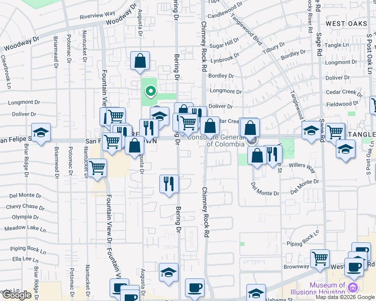 map of restaurants, bars, coffee shops, grocery stores, and more near 5749 San Felipe Street in Houston
