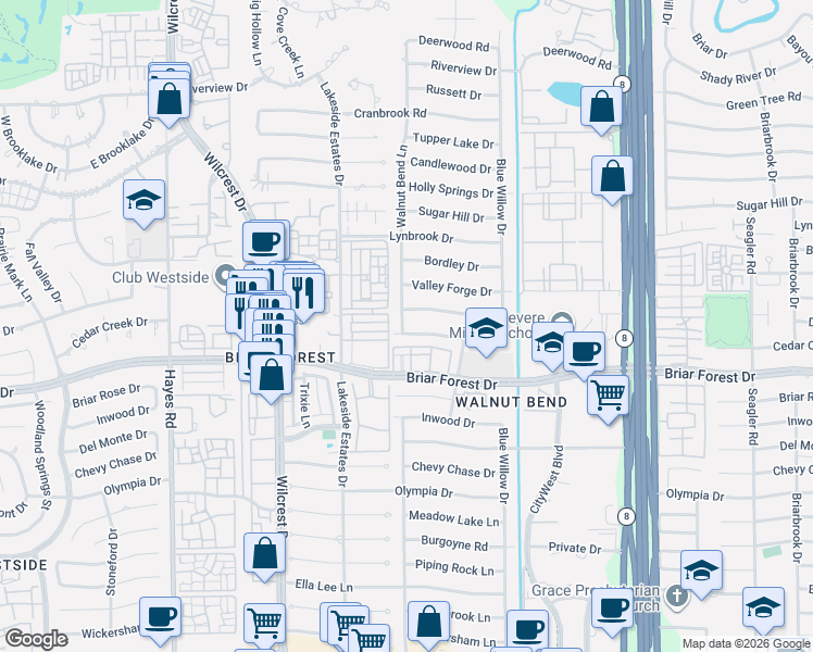 map of restaurants, bars, coffee shops, grocery stores, and more near 10731 Longmont Drive in Houston