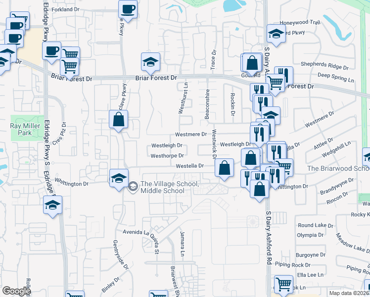 map of restaurants, bars, coffee shops, grocery stores, and more near 12854 Westleigh Drive in Houston