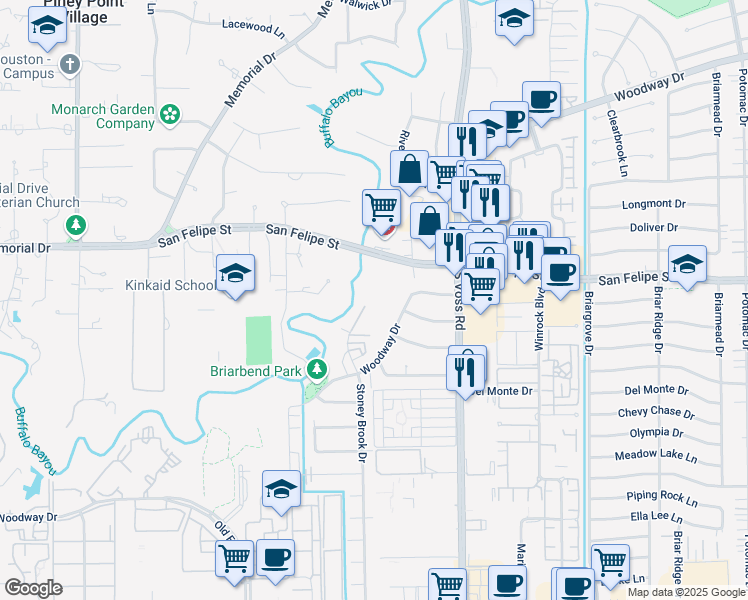 map of restaurants, bars, coffee shops, grocery stores, and more near 1800 Stoney Brook Drive in Houston