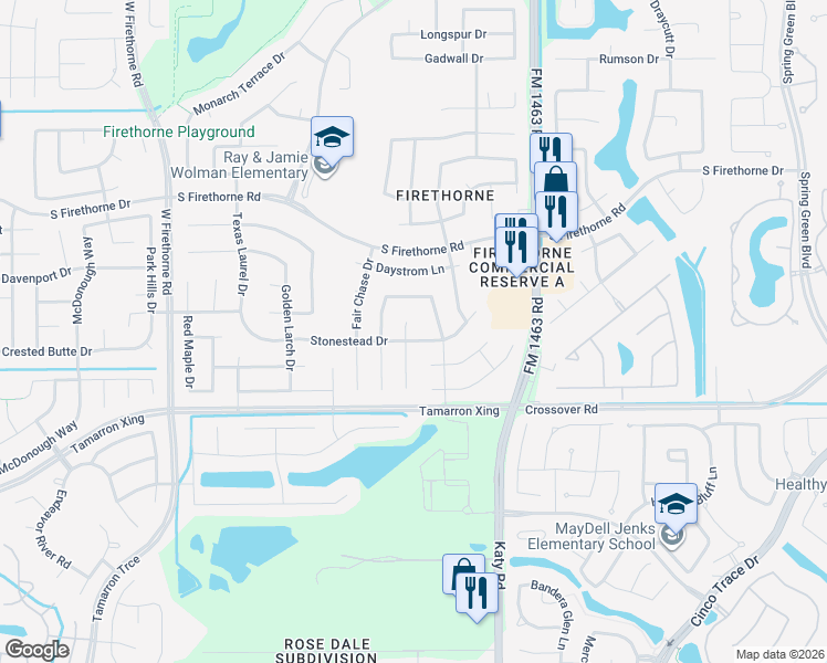 map of restaurants, bars, coffee shops, grocery stores, and more near 2826 Chalet Ridge Drive in Katy