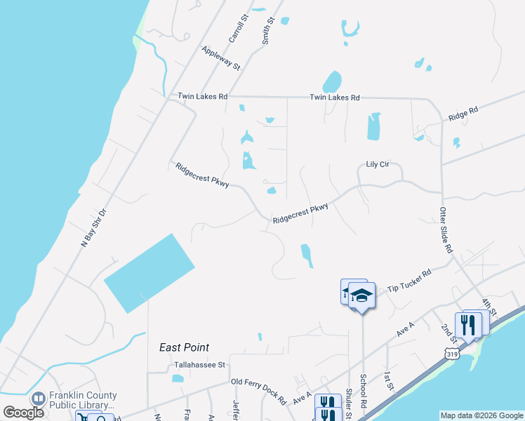 map of restaurants, bars, coffee shops, grocery stores, and more near 241 Ridgecrest Parkway in Eastpoint