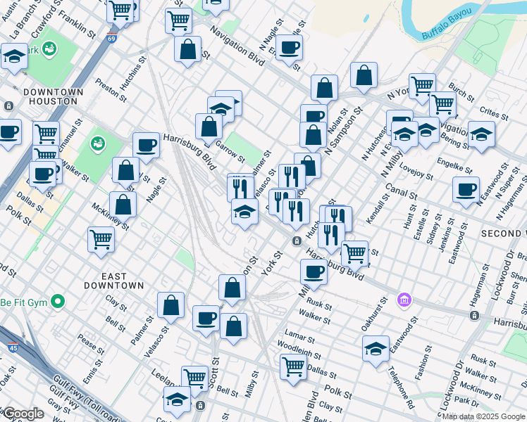 map of restaurants, bars, coffee shops, grocery stores, and more near 3301 Preston Street in Houston