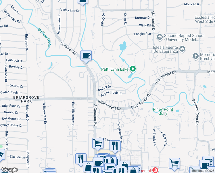 map of restaurants, bars, coffee shops, grocery stores, and more near 9594 Doliver Dr in Houston