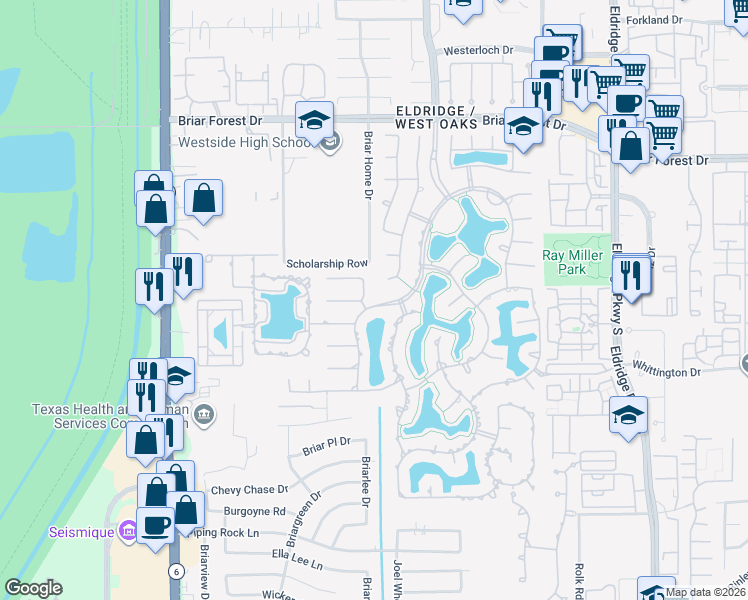 map of restaurants, bars, coffee shops, grocery stores, and more near 14138 Barnhart Boulevard in Houston
