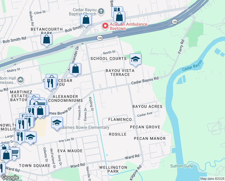 map of restaurants, bars, coffee shops, grocery stores, and more near 2305 Cedar Bayou Road in Baytown