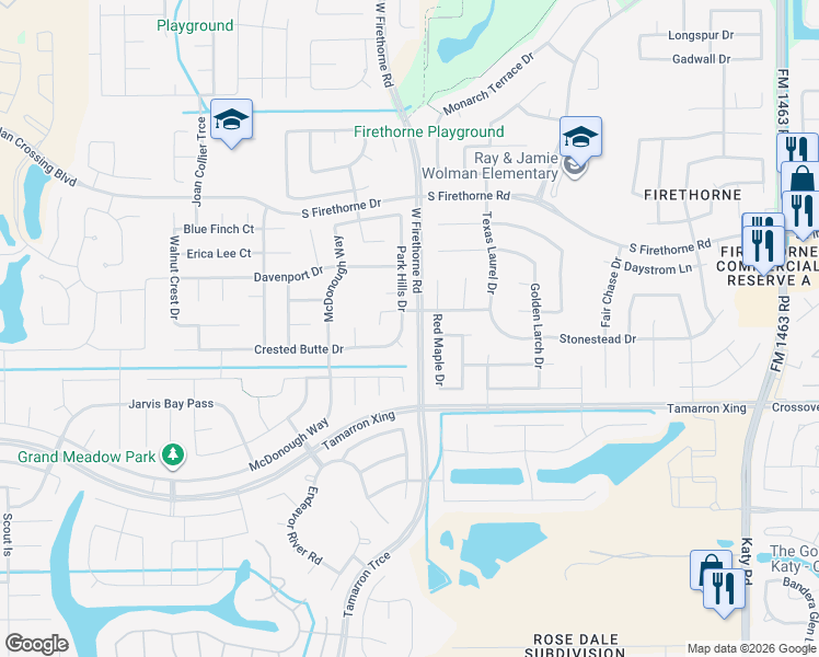 map of restaurants, bars, coffee shops, grocery stores, and more near 2843 Park Hills Drive in Katy