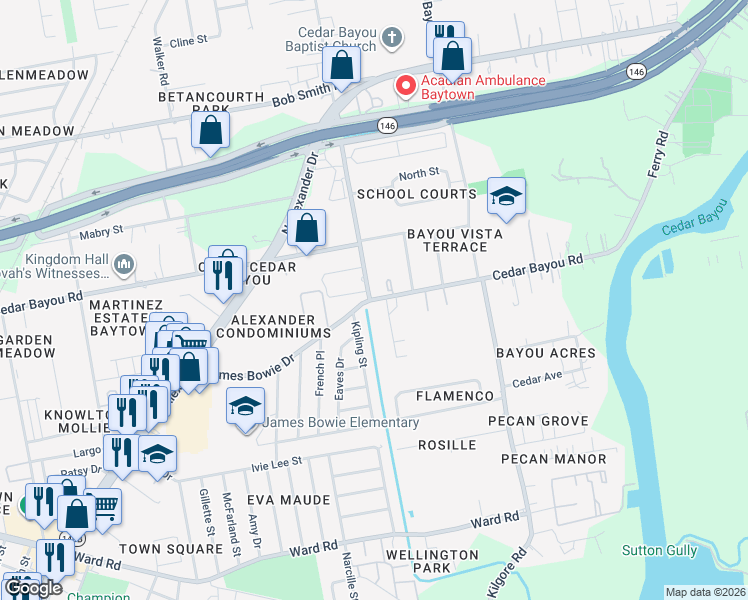 map of restaurants, bars, coffee shops, grocery stores, and more near 2110 James Bowie Drive in Baytown