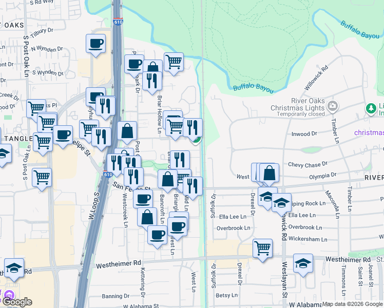 map of restaurants, bars, coffee shops, grocery stores, and more near 4 Briar Dale Court in Houston