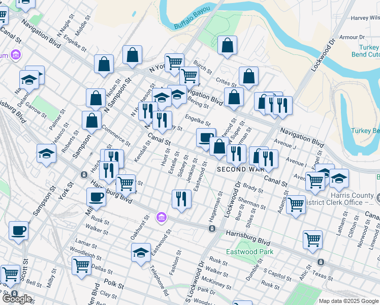 map of restaurants, bars, coffee shops, grocery stores, and more near 105 North Jenkins Street in Houston