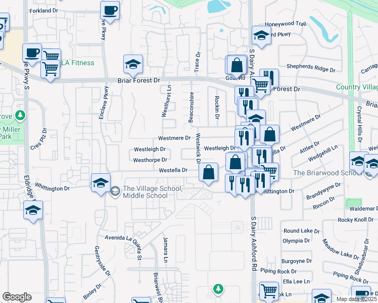 map of restaurants, bars, coffee shops, grocery stores, and more near 12815 Westleigh Drive in Houston