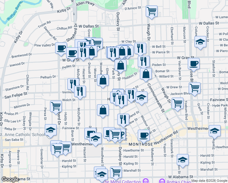 map of restaurants, bars, coffee shops, grocery stores, and more near Vermont St & Park St in Houston