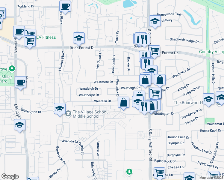 map of restaurants, bars, coffee shops, grocery stores, and more near 12815 Westleigh Drive in Houston