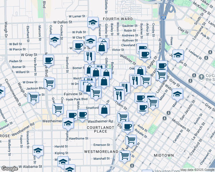 map of restaurants, bars, coffee shops, grocery stores, and more near 2716 Boston Street in Houston