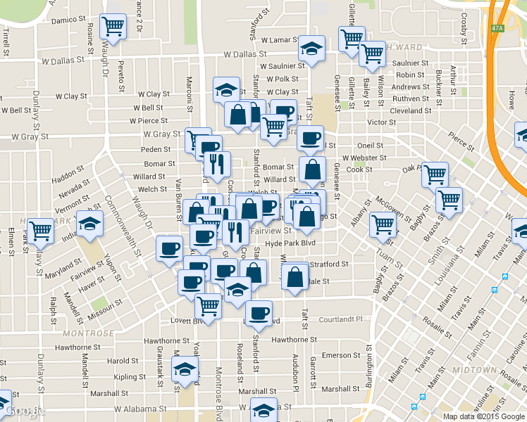 map of restaurants, bars, coffee shops, grocery stores, and more near 2119 Hopkins Street in Houston