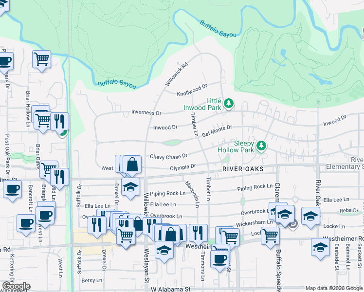 map of restaurants, bars, coffee shops, grocery stores, and more near 3700-3728 Del Monte Drive in Houston