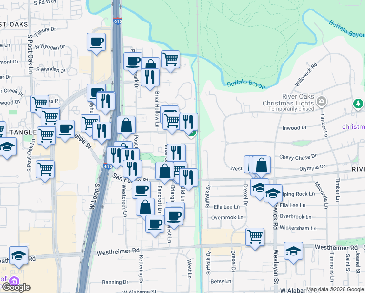 map of restaurants, bars, coffee shops, grocery stores, and more near 4 Briar Dale Court in Houston