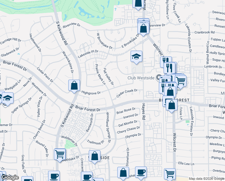 map of restaurants, bars, coffee shops, grocery stores, and more near 11602 Highgrove Drive in Houston