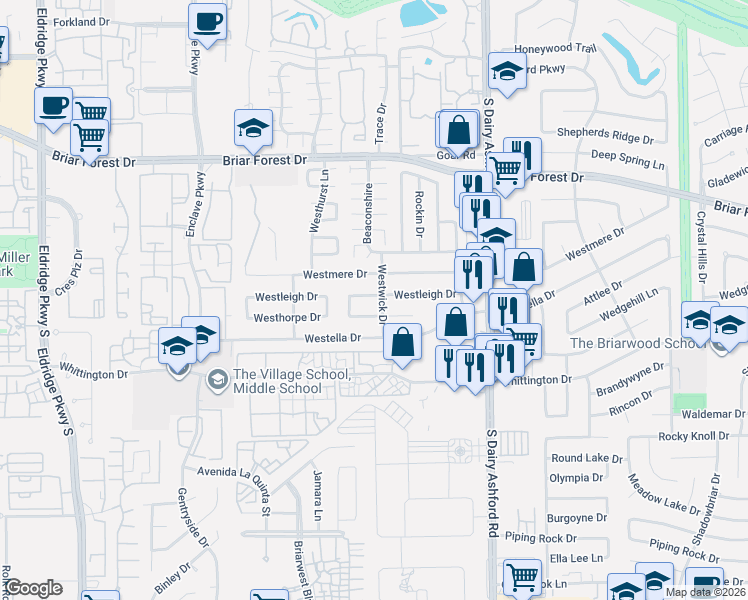 map of restaurants, bars, coffee shops, grocery stores, and more near 12814 Westleigh Drive in Houston