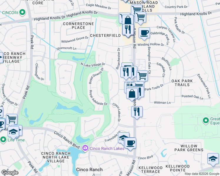 map of restaurants, bars, coffee shops, grocery stores, and more near 2206 Winberie Court in Katy