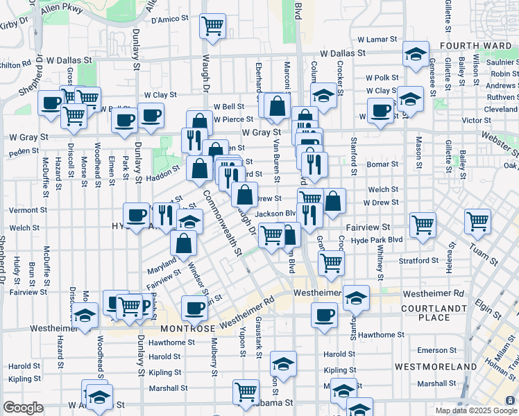 map of restaurants, bars, coffee shops, grocery stores, and more near 1218 Jackson Boulevard in Houston