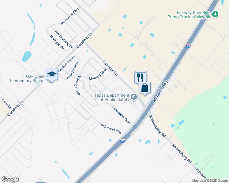 map of restaurants, bars, coffee shops, grocery stores, and more near 138 Woodpecker Run in New Braunfels