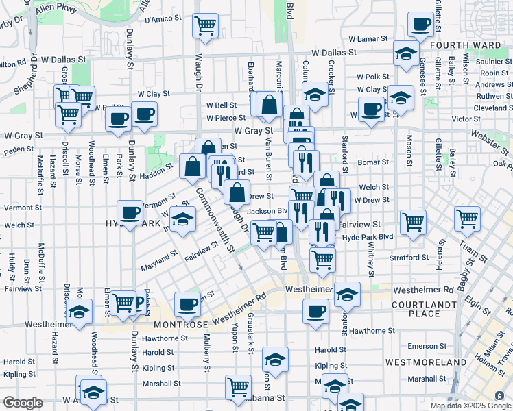map of restaurants, bars, coffee shops, grocery stores, and more near 1218 Jackson Boulevard in Houston