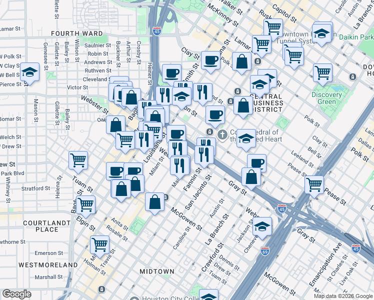map of restaurants, bars, coffee shops, grocery stores, and more near in Houston