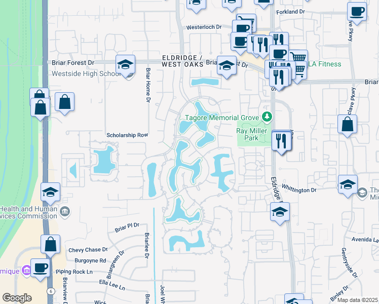map of restaurants, bars, coffee shops, grocery stores, and more near 1906 Emerald Cove in Houston