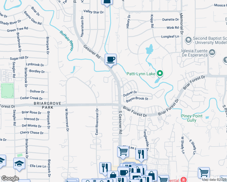 map of restaurants, bars, coffee shops, grocery stores, and more near 39 Bayou Pointe Drive in Houston